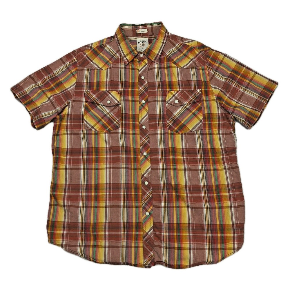 Fossil 54 Mens XL Short Sleeve Western Pearl Snap Plaid Shirt Vintage Fit Brown
